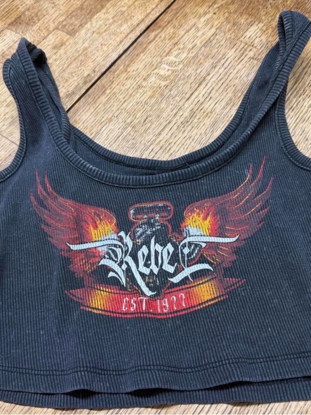 rebels Black Ribbed Crop Tank with Red and Orange Flame Graphic